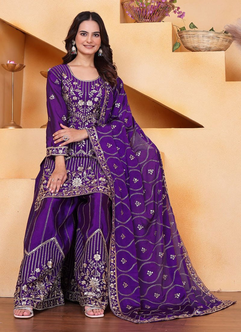 Purple Chinon Silk Embroidered Sequins Palazzo Suit Festive Wear