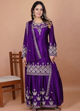 Purple Chinon Silk Embroidered Sequins Palazzo Suit