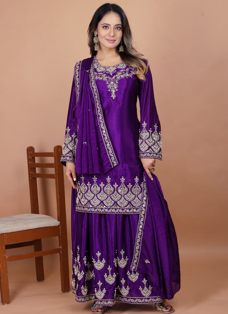 Purple Chinon Silk Embroidered Sequins Palazzo Suit Festive Wear