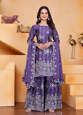 Purple Chinon Silk Embroidered Sequins Palazzo Suit