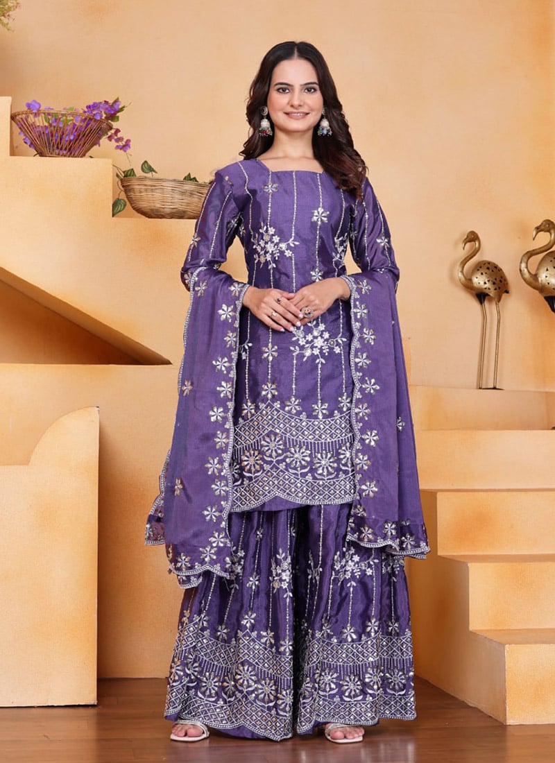 Purple Chinon Silk Embroidered Sequins Palazzo Suit Festive Wear