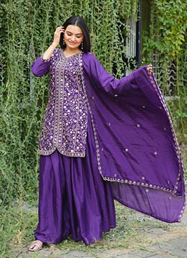 Purple Chinon Silk Embroidered Sequins Palazzo Suit