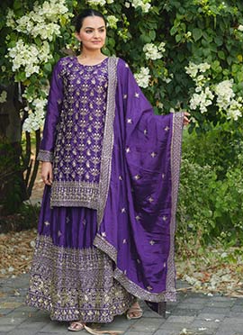 Purple Chinon Silk Embroidered Sequins Palazzo Suit
