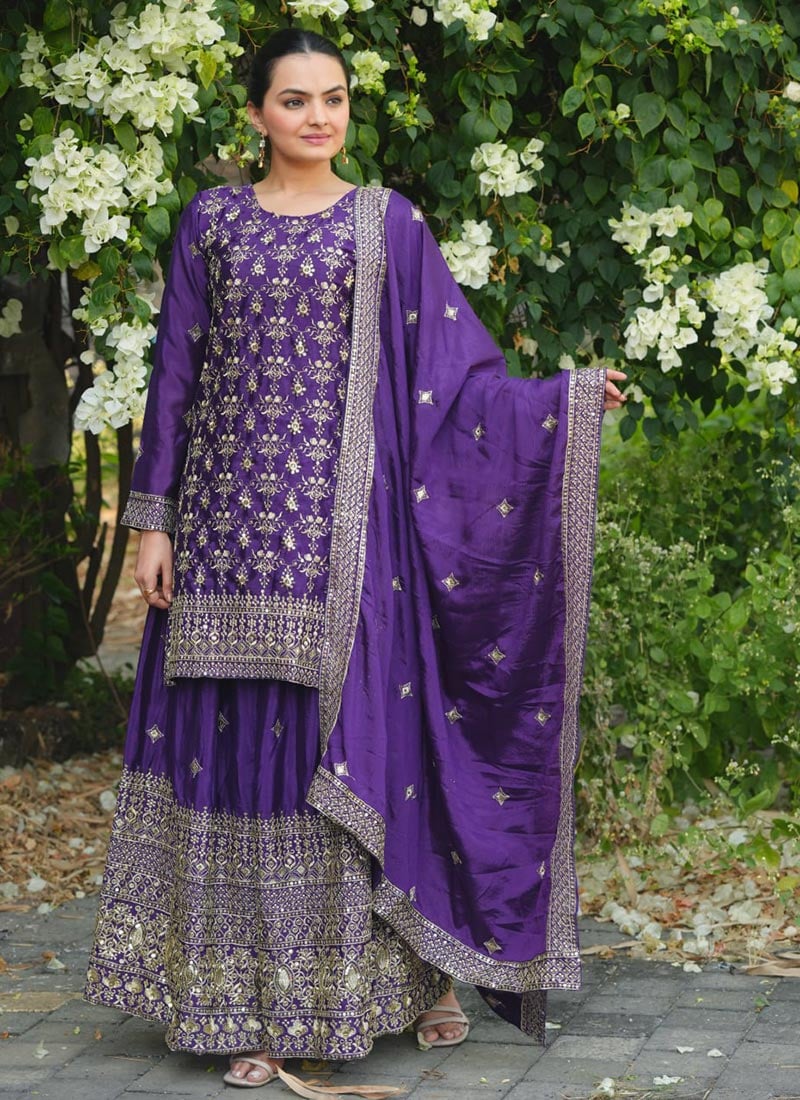 Purple Chinon Silk Embroidered Sequins Palazzo Suit Festive Wear