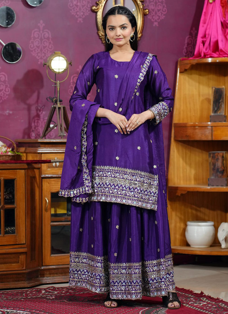 Purple Chinon Silk Embroidered Sequins Palazzo Suit Festive Wear