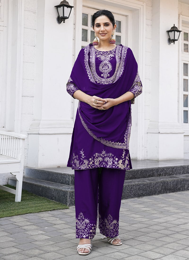 Purple Chinon Silk Embroidered Sequins Straight Pant Suit Festive Wear