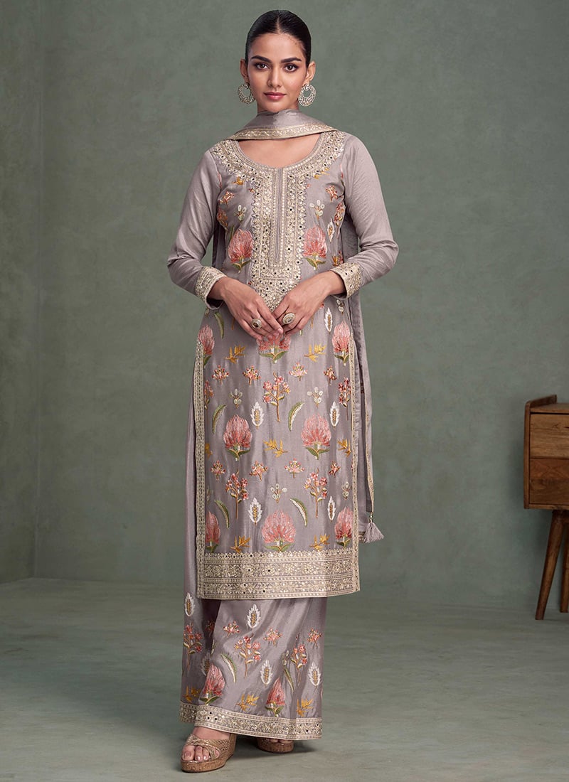 Grey Chinon Silk Embroidered Sequins With Mirror Work Pakistani Palazzo Suit