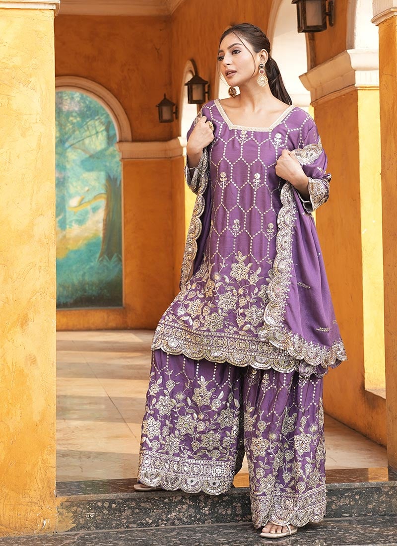 Purple Chinon Silk Embroidered Sequins With Mirror Work Sharara Suit