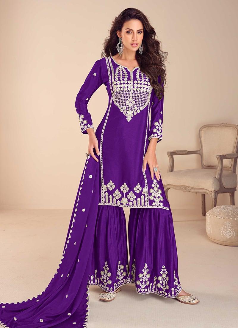 Purple Chinon Silk Embroidered Sequins With Stone And Beads Sharara Suit Festive Wear