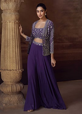 Purple Chinon Silk Embroidered Sequins With Stone Work Indowestern Jacket Palazzo Set Wedding Wear