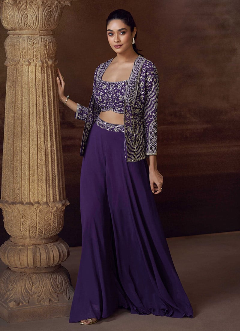 Purple Chinon Silk Embroidered Sequins With Stone Work Indowestern Jacket Palazzo Set