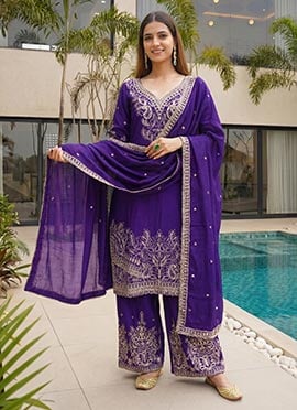 Purple Chinon Silk Embroidered Sequins Zari Palazzo Suit