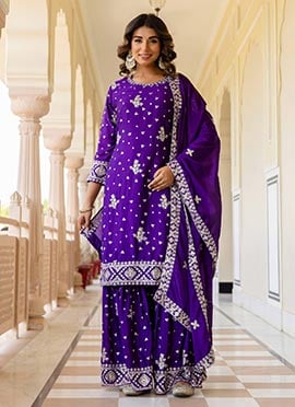 Purple Chinon Silk Embroidered Sequins Zari Sharara Suit