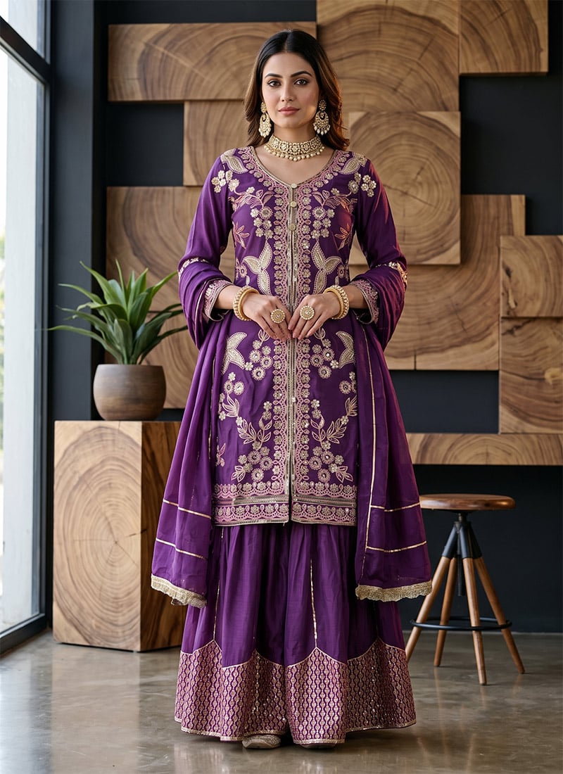 Purple Chinon Silk Embroidered Sharara Suit After Six Wear