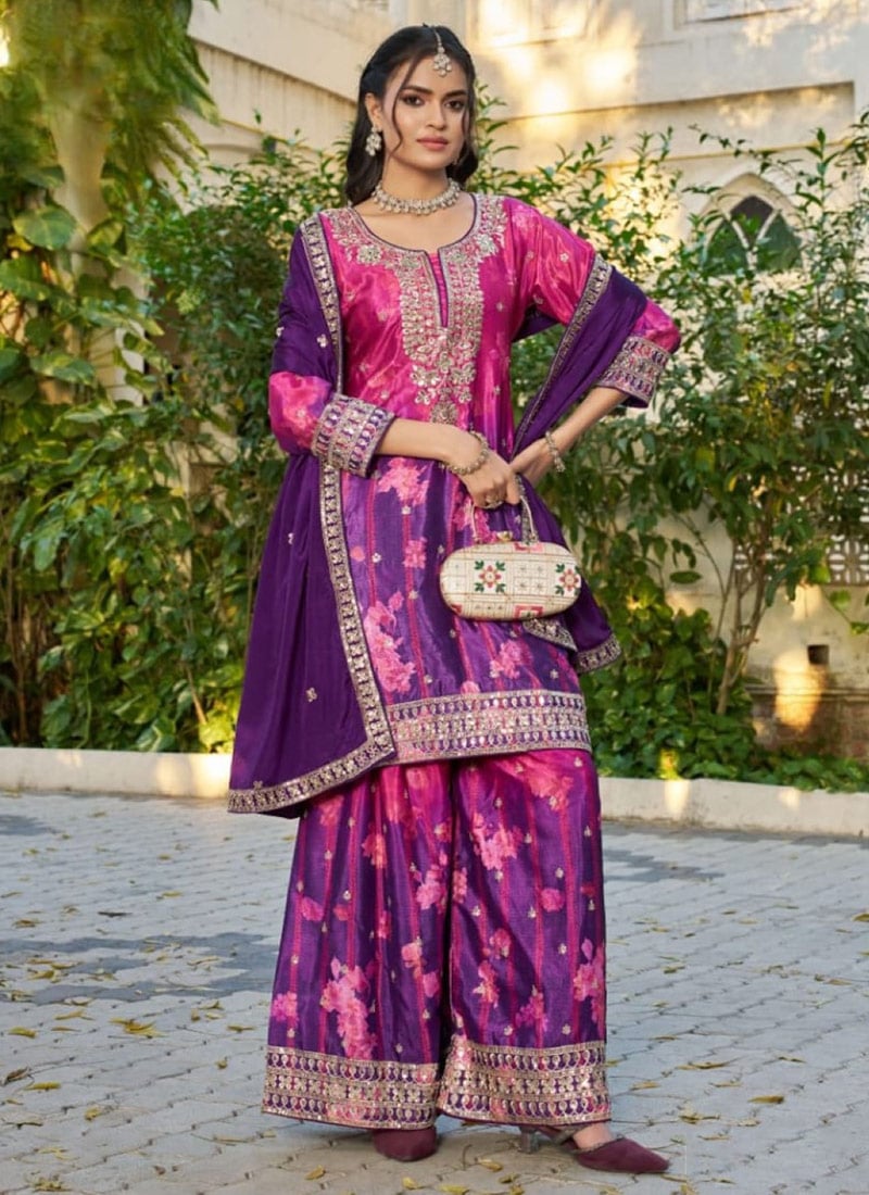 Purple Chinon Silk Floral Printed With Hand Embroidered Palazzo Suit Festive Wear