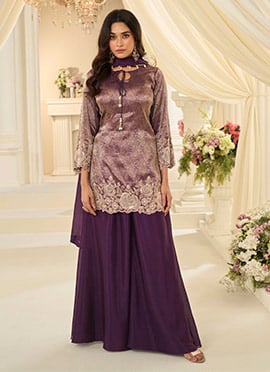 Purple Chinon Silk Jacquard Embroidered Sequins With Stone Work Palazzo Suit
