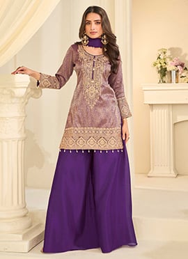 Purple Chinon Silk Jacquard Embroidered Sequins With Stone Work Palazzo Suit