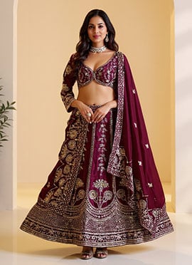Purple Chinon Silk Lehenga With Zari Embroidery And Sequins Work