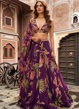 Purple Chinon Silk Sequence Cutdana Embroidered Digital Print Lehenga