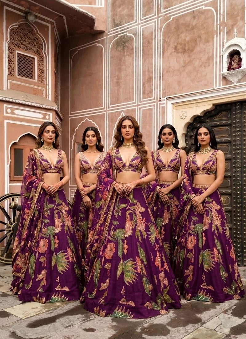 Purple Chinon Silk Sequence Cutdana Embroidered Digital Print Lehenga Wedding Wear