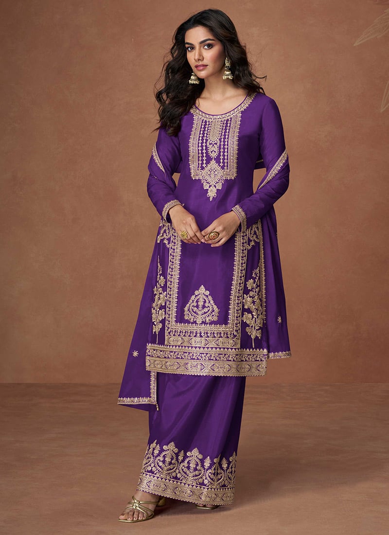 Purple Chinon Silk Sequins Embroidered Palazzo Suit Festive Wear