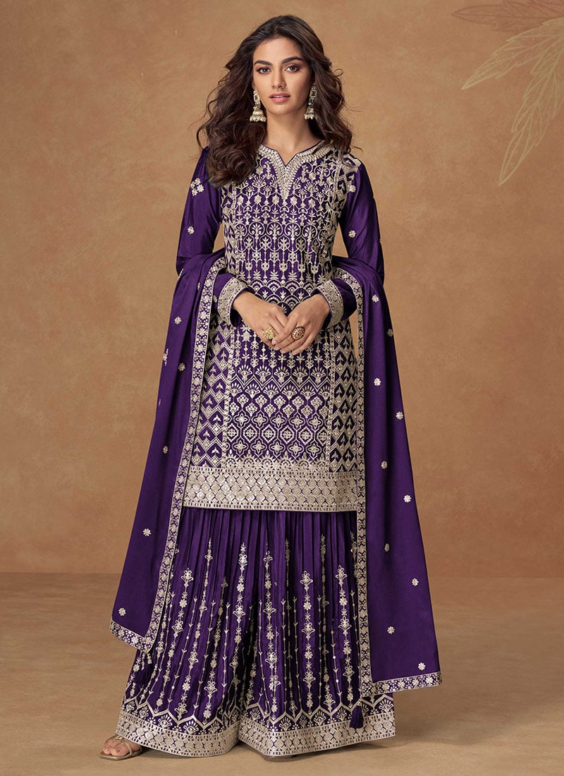 Purple Chinon Silk Sequins Embroidered Palazzo Suit Festive Wear