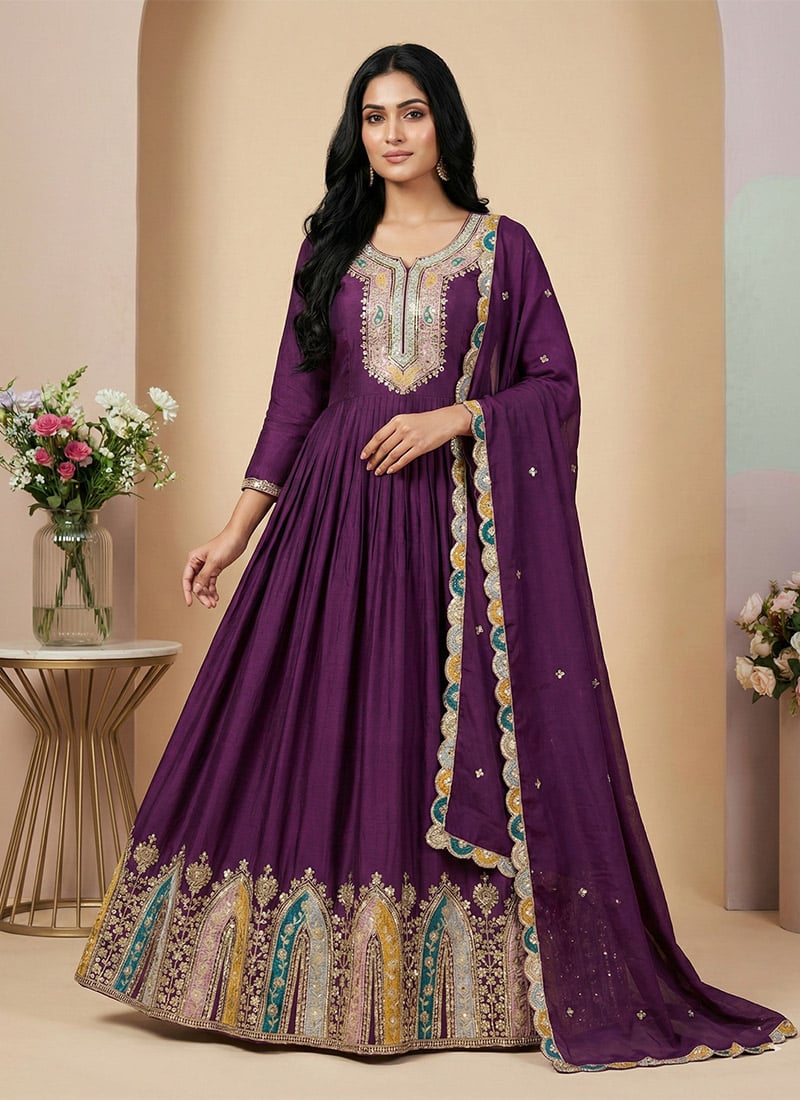 Purple Chinon Silk Sequins Embroidered Thread Anarkali Suit Festive Wear