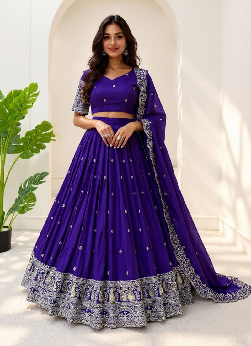 Purple Chinon Silk Sequins Lehenga Wedding Wear