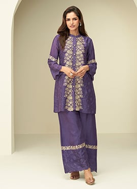 Purple Chinon Silk Thread Embroidery And Schiffli Work Co ord Sets