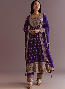 Purple Chinon Silk Thread Sequins Anarkali Suit