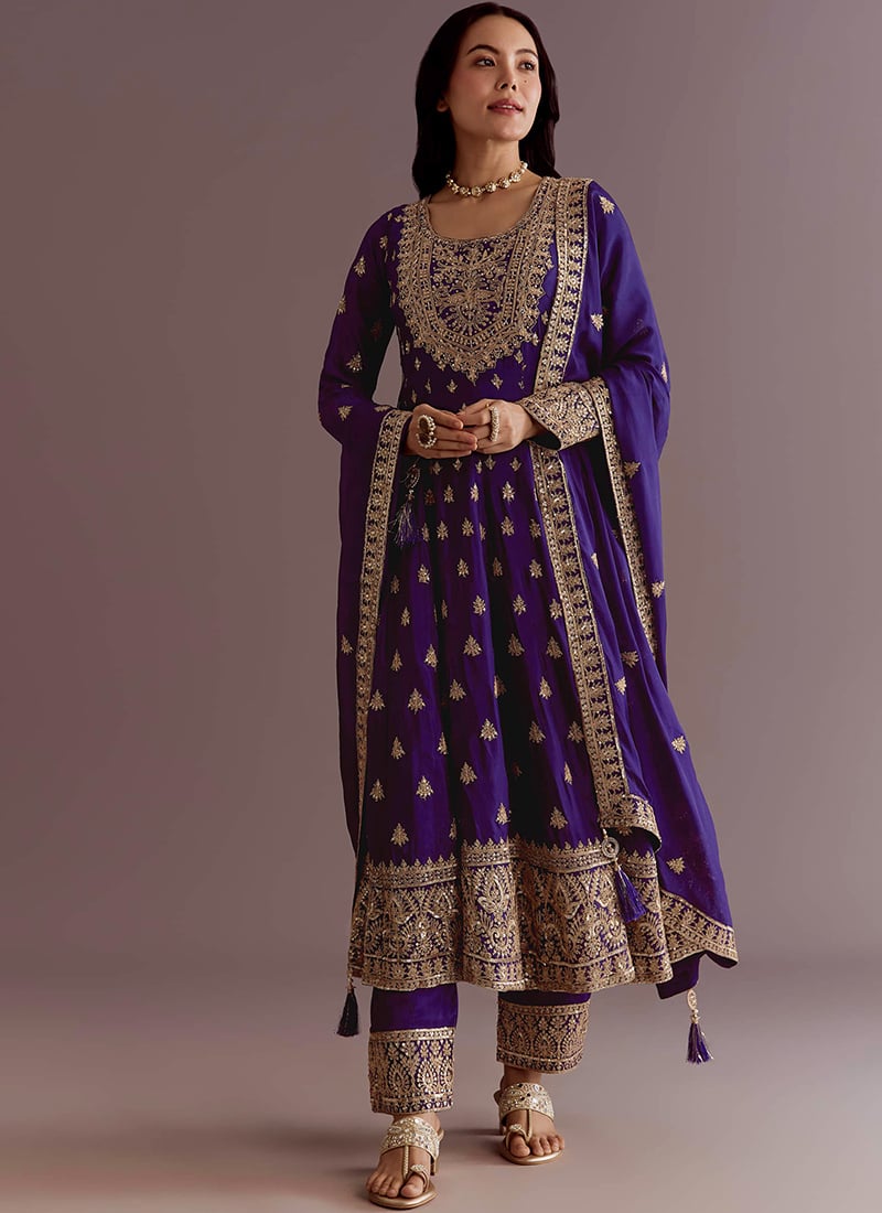 Purple Chinon Silk Thread Sequins Anarkali Suit Festive Wear
