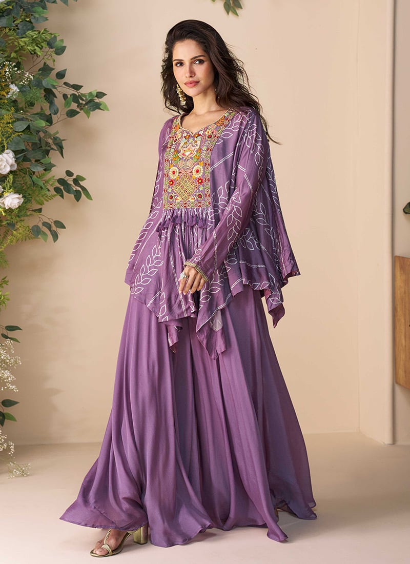 Purple Chinon Silk Zardosi Embroidered Work And Printed Indowestern Palazzo Set