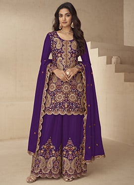 Purple Chinon Silk Zari And Sequins Embroidered Palazzo Suit