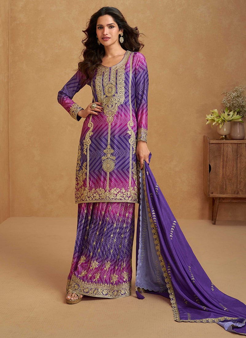 Purple Chinon Silk Zari Embroidered And Bandhini Palazzo Suit Festive Wear