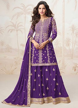Purple Chinon Silk Zari Embroidered Palazzo Suit