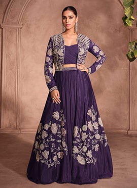 Purple Chinon Silk Zari Embroidered Sequins  Indowestern Jacket Lehenga Set