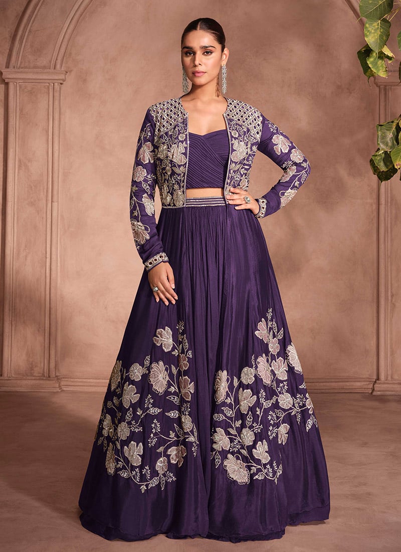 Purple Chinon Silk Zari Embroidered Sequins  Indowestern Jacket Lehenga Set Wedding Wear