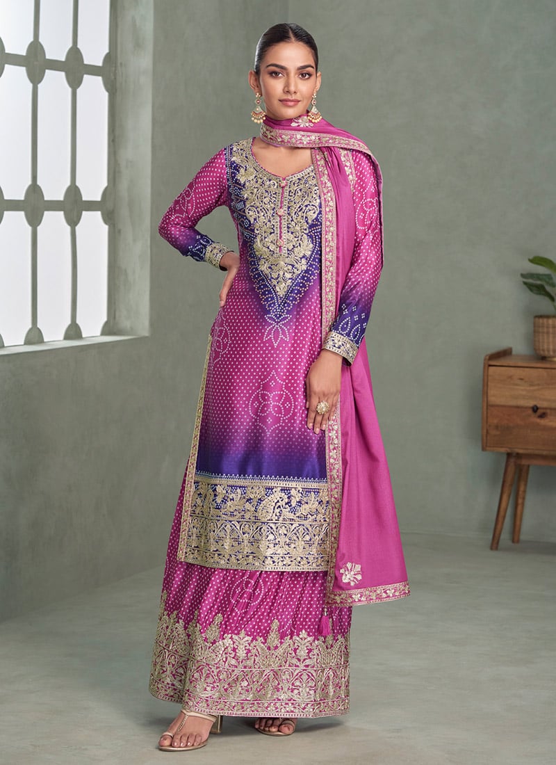 Purple Chinon Silk Zari Embroidered Sequins Bandhini Print Palazzo Suit Festive Wear