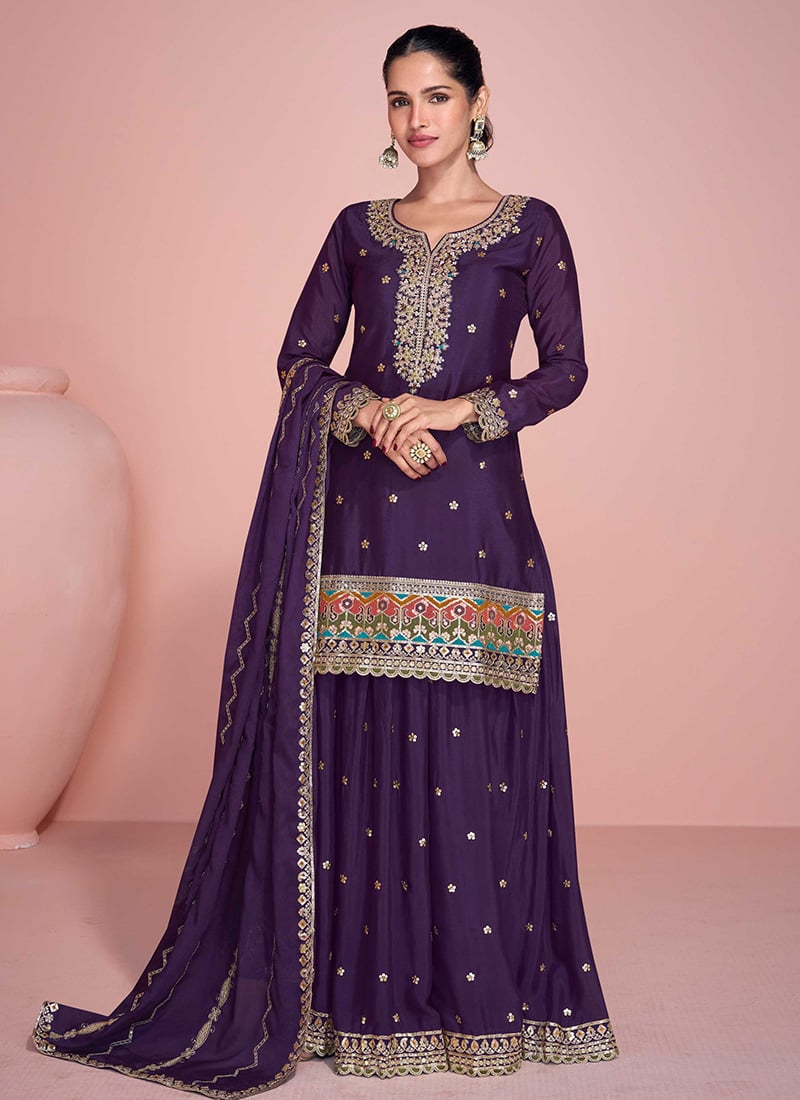 Purple Chinon Silk Zari Embroidered Sequins Dazzling Palazzo Suit Festive Wear