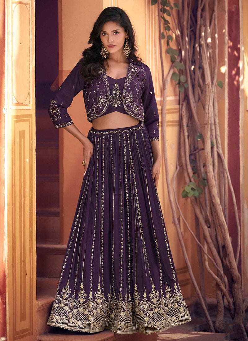 Purple Chinon Silk Zari Embroidered Sequins Indowestern Gorgeous Jacket Lehenga Wedding Wear