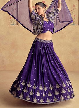 Purple Chinon Silk Zari Embroidered Sequins Jacket Lehenga