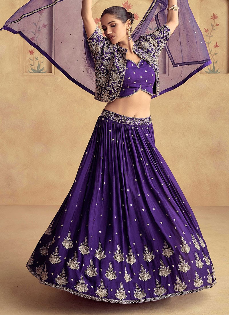 Purple Chinon Silk Zari Embroidered Sequins Jacket Lehenga Wedding Wear-GHSCC538610096
