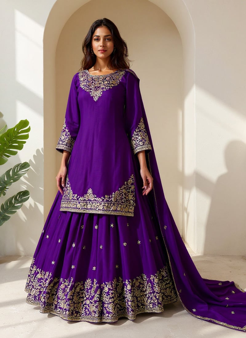 Purple Chinon Silk Zari Embroidered Sequins Long Choli Lehenga