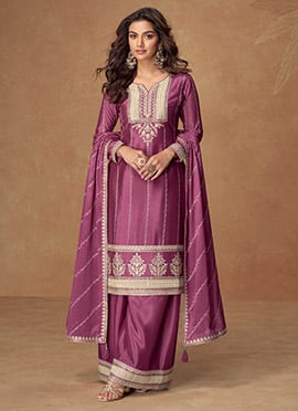 Purple Chinon Silk Zari Embroidered Sequins Palazzo Suit