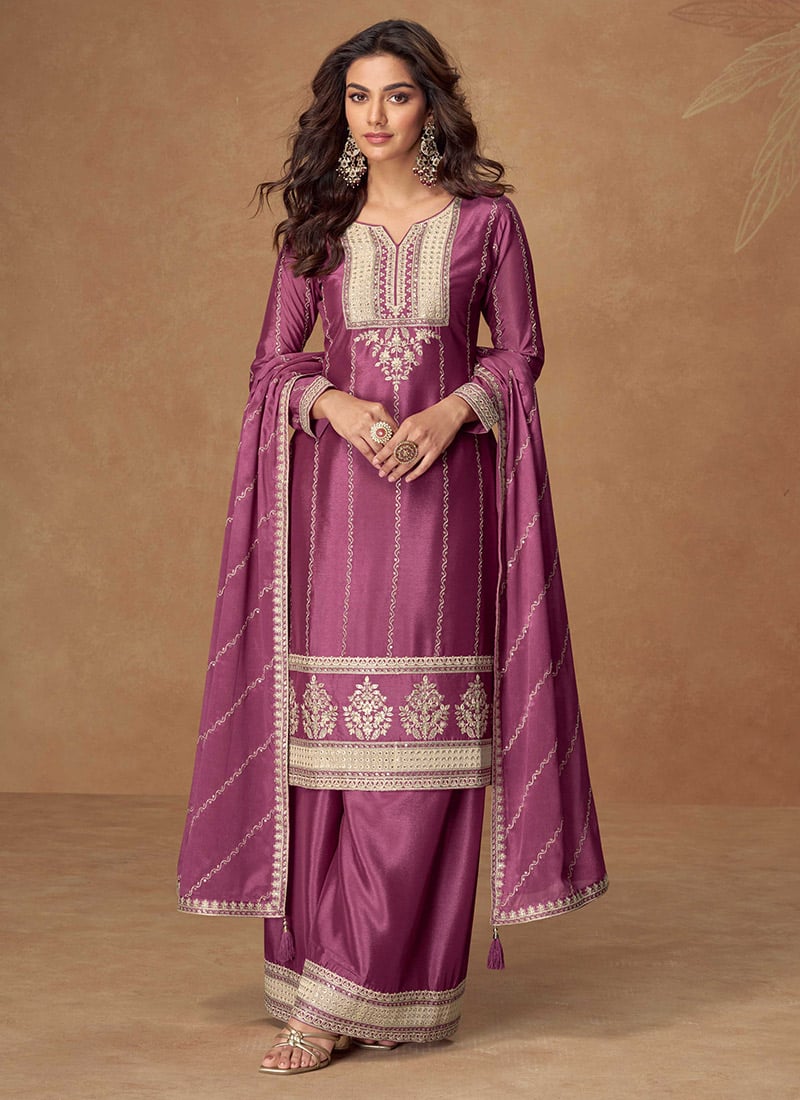 Purple Chinon Silk Zari Embroidered Sequins Palazzo Suit