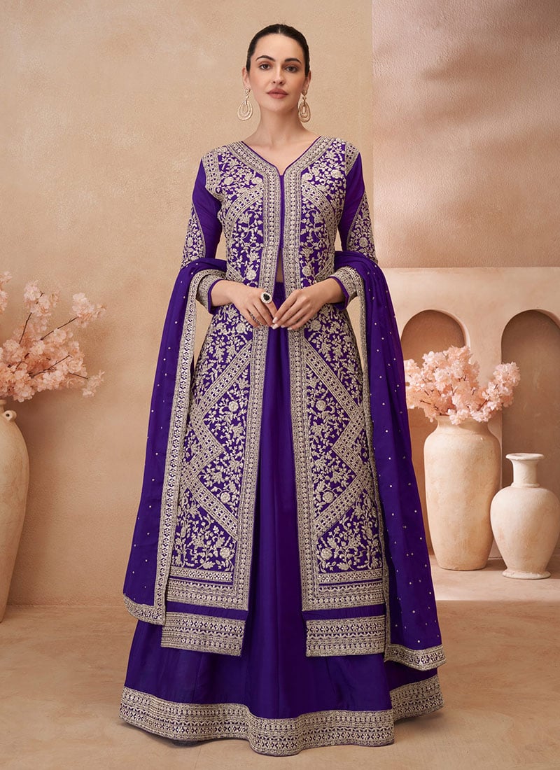 Purple Chinon Silk Zari Embroidered Sequins Stone And Beads Work Long Choli Lehenga Wedding Wear