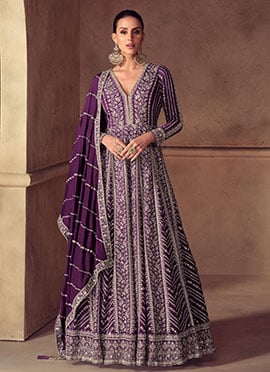 Purple Chinon Silk Zari Embroidered Sequins With Beads Work A Line Anarkali Suit