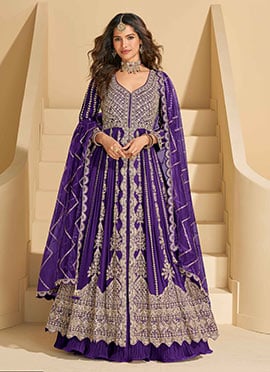 Purple Chinon Silk Zari Embroidered Sequins With Stone Work Anarkali Lehenga