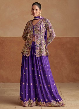 Purple Chinon Silk Zari Embroidered Sequins With Stone Work High Slit Palazzo Suit