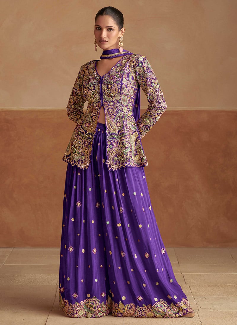 Purple Chinon Silk Zari Embroidered Sequins With Stone Work High Slit Palazzo Suit Wedding Wear